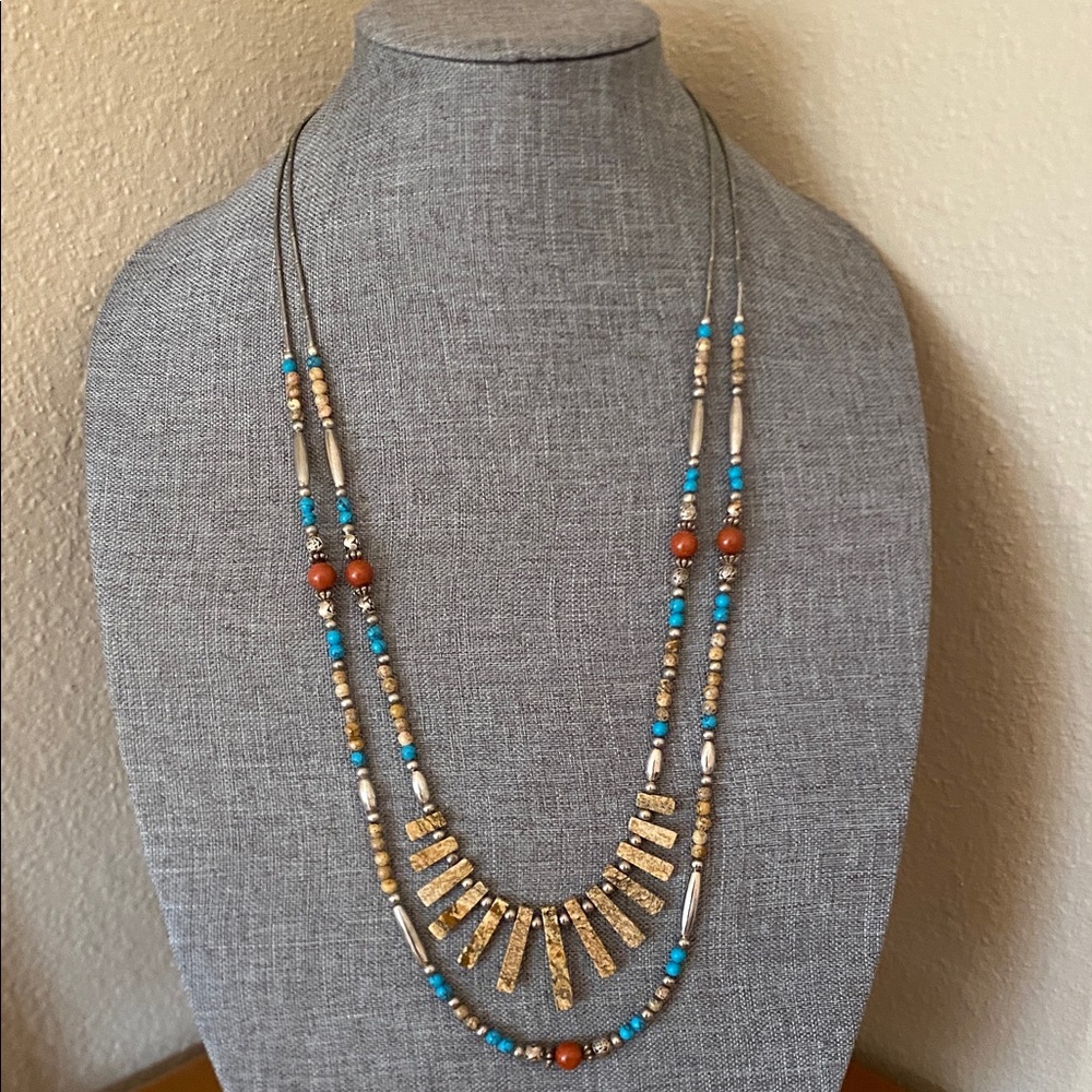 Boho Southwestern Double Strand Necklace Picture Jasper & Turquoise Beads 28&32”